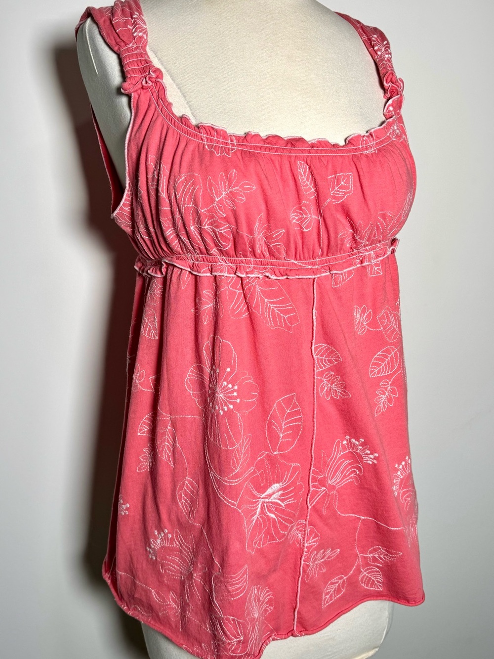 BCBG Max Azria Coral Floral Embroidered Empire Tank Top XL Babydoll Casual